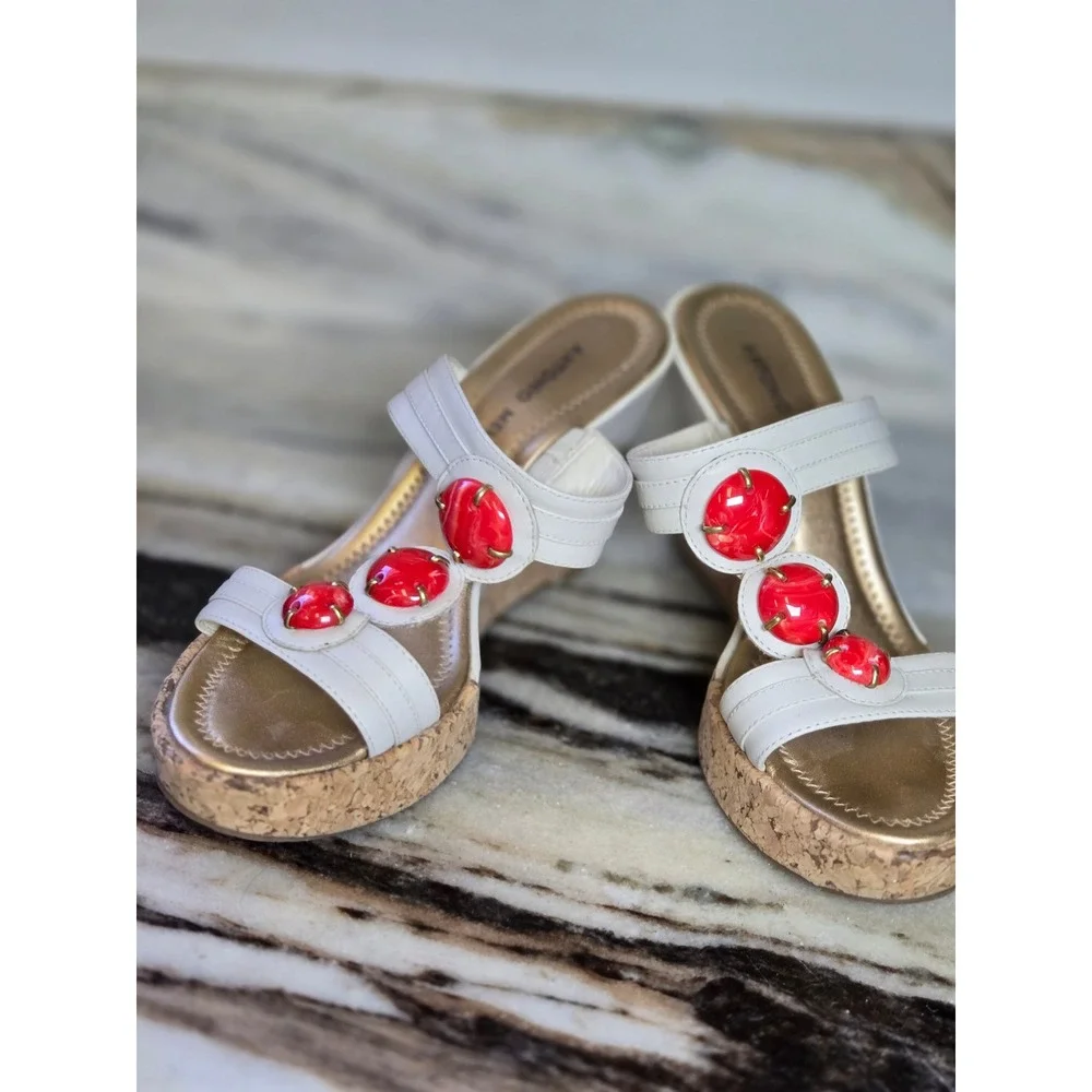 Antonio Melani Jisele White Leather Red Stone Cork Wedge Sandals 6M Brazil